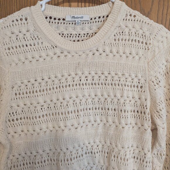 Madewell Open Knit Scalloped Trim 3/4 Sleeve Cotton Blend Sweater Cream Boho-M - Picture 4 of 6
